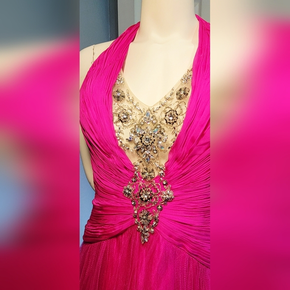 Terani Couture Fushia Halter Gown Dress S10 With Nude Push Up And Garment Bag - Picture 3 of 16